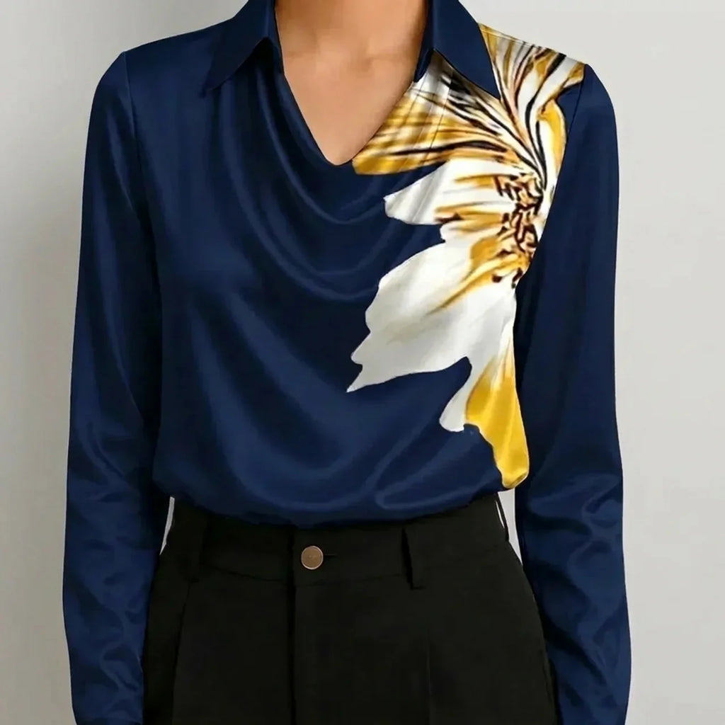 Navy blue satin cowl neck blouse with floral print front view BELLA HUDSON