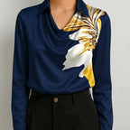 Navy blue satin cowl neck blouse with floral print front view BELLA HUDSON