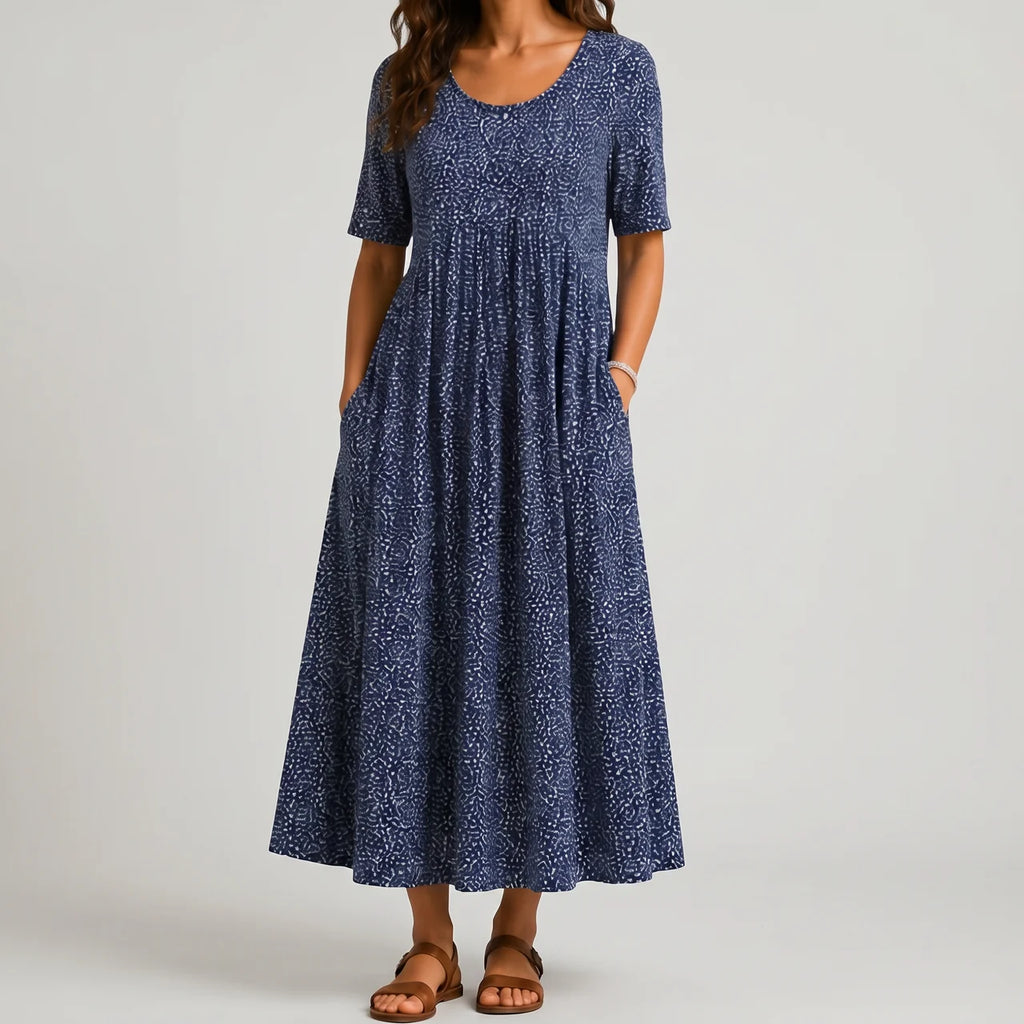 Navy blue speckled maxi dress front view with short sleeves and pockets BELLA HUDSON