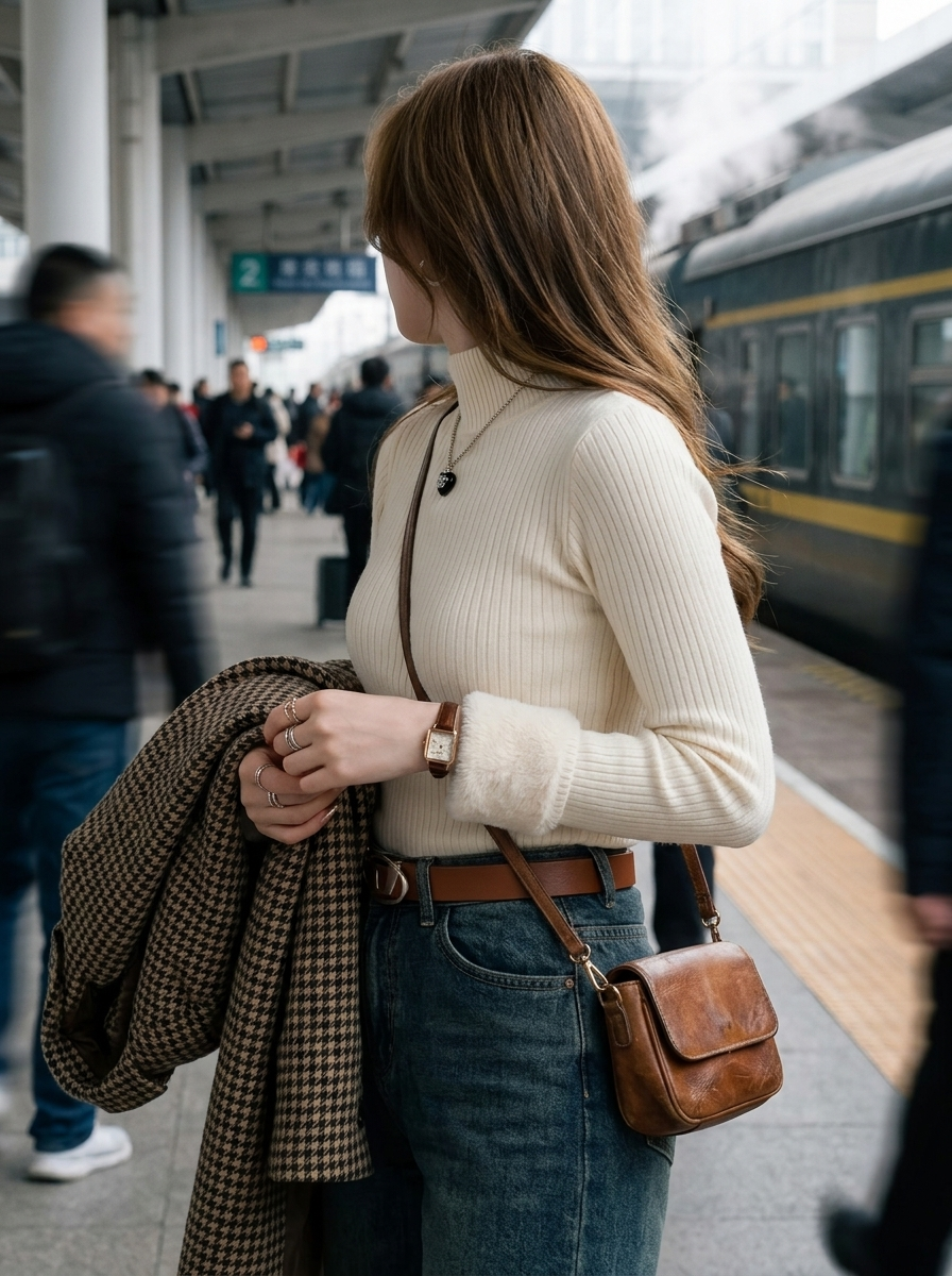 Nina Beige ribbed turtleneck top styled with a high neckline
