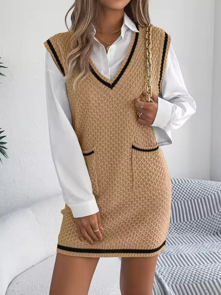 Nina Beige waffle-knit sweater dress with V-neck contrast trim, front pockets, and relaxed mini-length silhouette