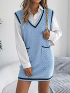 Nina Blue waffle-knit sweater dress with sleeveless V-neck design, contrast trim, and front pockets