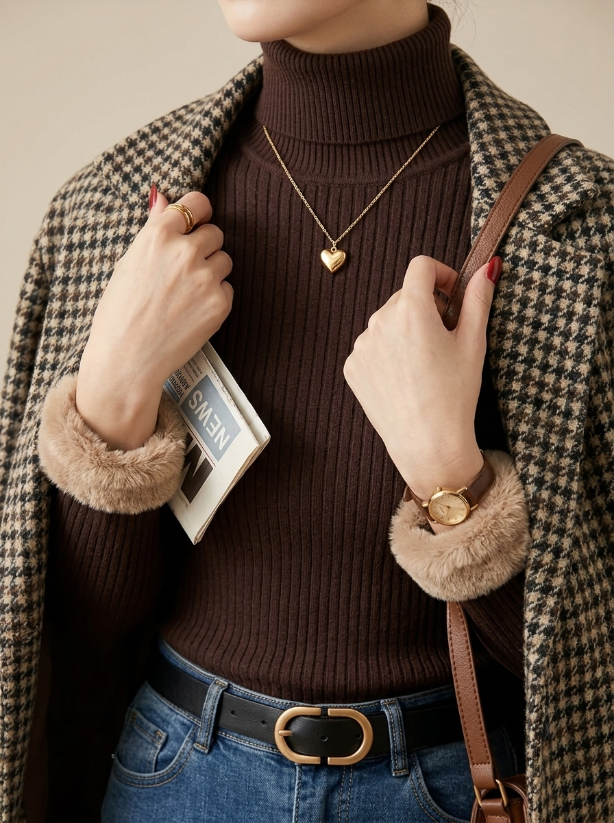 Nina Brown ribbed turtleneck top with long sleeves and fitted design