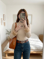 Nina Off White ribbed turtleneck top with high neckline and long sleeves