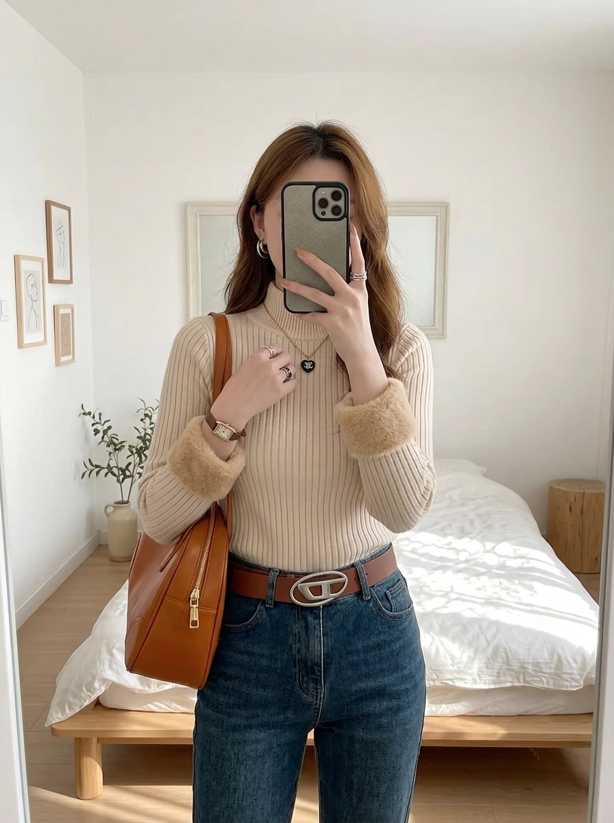 Nina Off White ribbed turtleneck top with high neckline and long sleeves