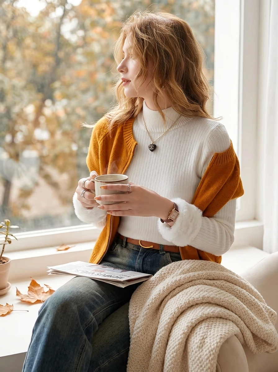 Nina White ribbed turtleneck top with long sleeves and fitted silhouette