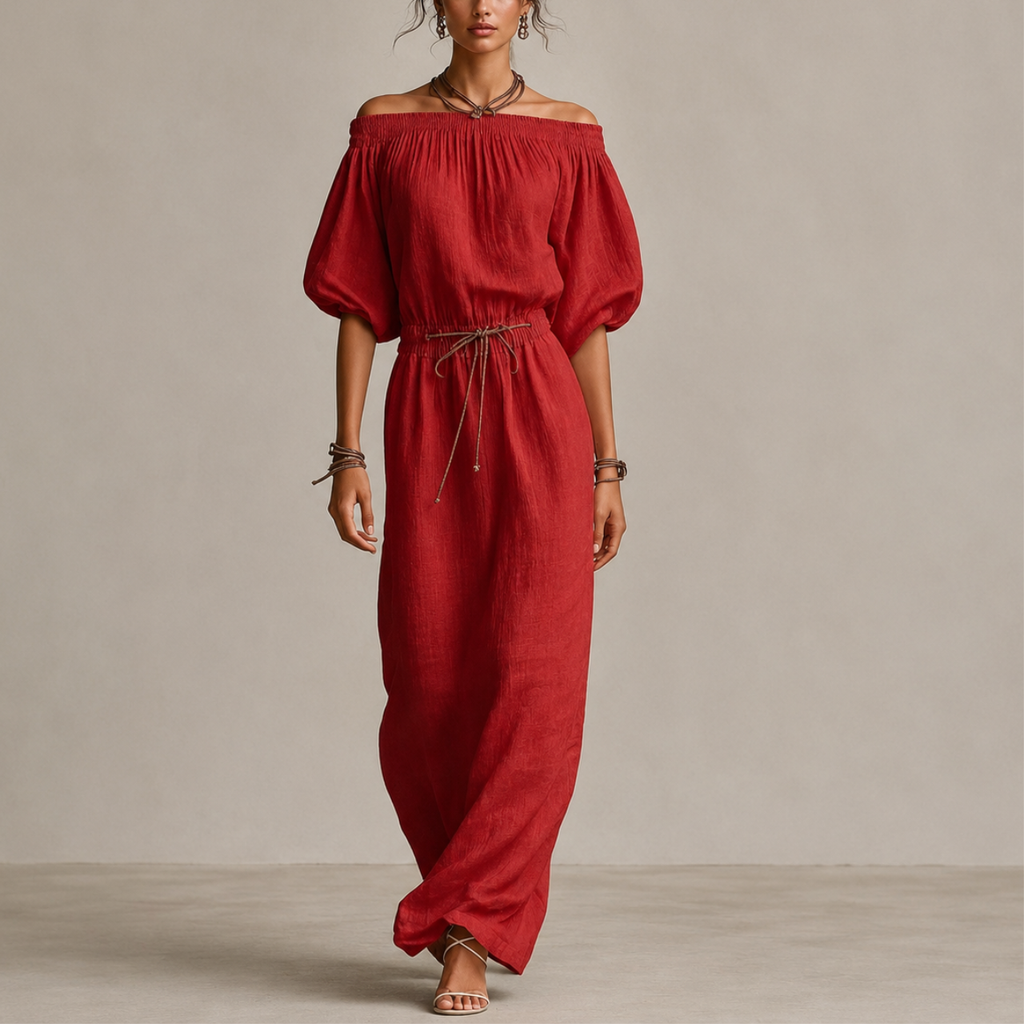 Noa Off-Shoulder Lightweight Linen Maxi Dress in red featuring an off-shoulder neckline, lantern sleeves, adjustable waist tie, and flowing maxi-length silhouette. Designed by Bella Hudson.