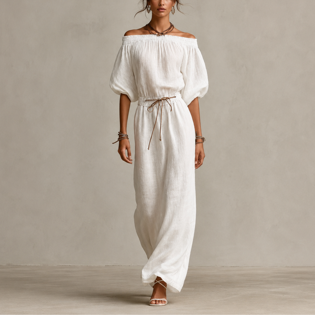Noa Off-Shoulder Lightweight Linen Maxi Dress in white featuring an off-shoulder neckline, lantern sleeves, adjustable waist tie, and flowing maxi-length silhouette. Designed by Bella Hudson.