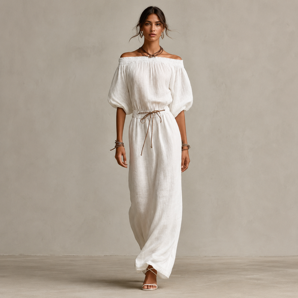 Full model view of the Noa Off-Shoulder Lightweight Linen Maxi Dress in white featuring an off-shoulder neckline, lantern sleeves, adjustable waist tie, and relaxed maxi-length silhouette. Designed by Bella Hudson.