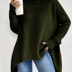 Noelle Black oversized high-neck sweater with a draped silhouette, batwing-style sleeves, ribbed cuffs, and high-low hem