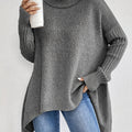 Noelle Gray oversized high-neck sweater with batwing sleeves, ribbed cuffs, high-low hem, and a relaxed draped silhouette