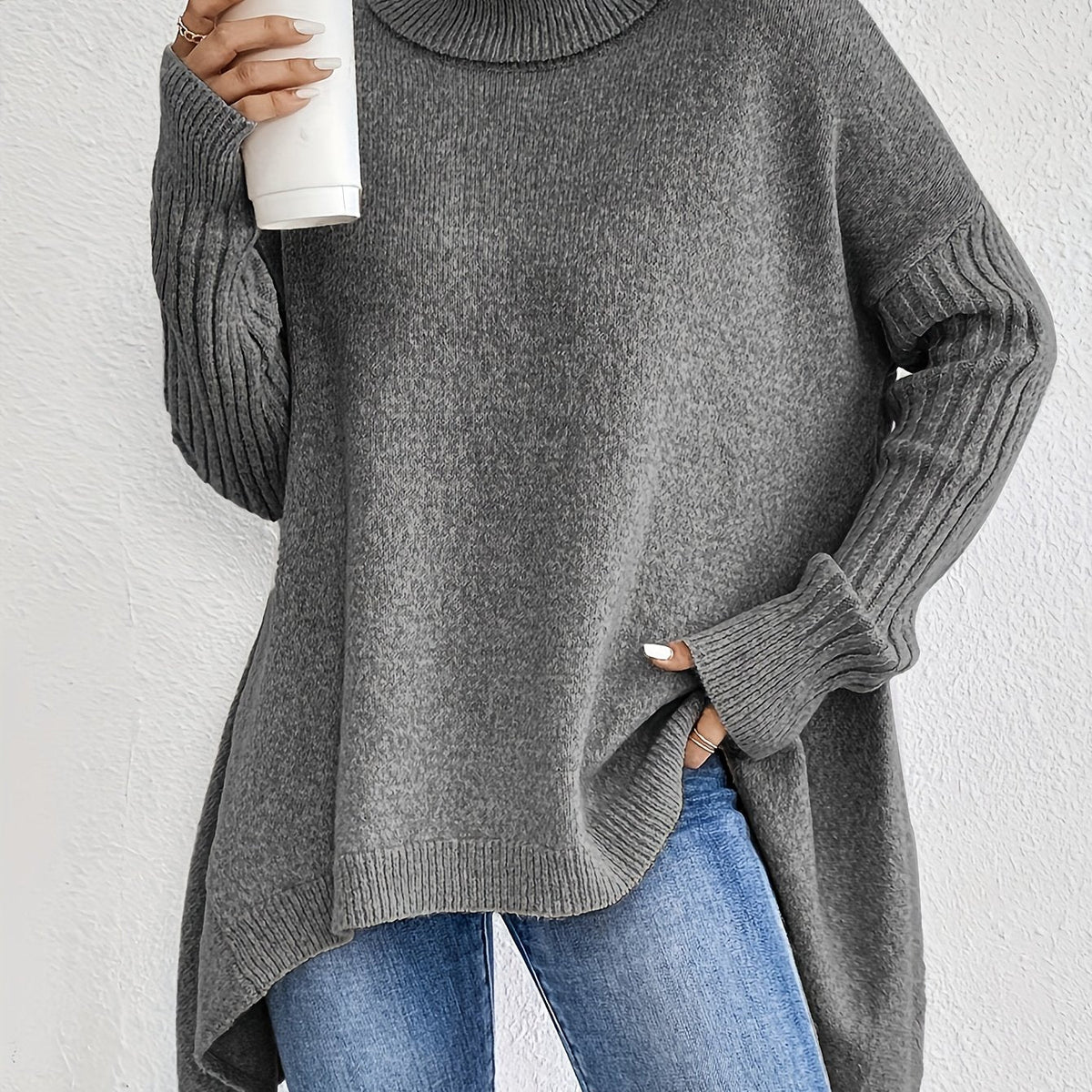 Noelle Gray oversized high-neck sweater with batwing sleeves, ribbed cuffs, high-low hem, and a relaxed draped silhouette