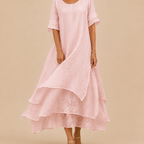 Close-up of the Noor Floral-Print Round-Neck Linen Midi Dress in Pink, highlighting the soft fabric, layered details, and elegant neckline. Designed by Bella Hudson.