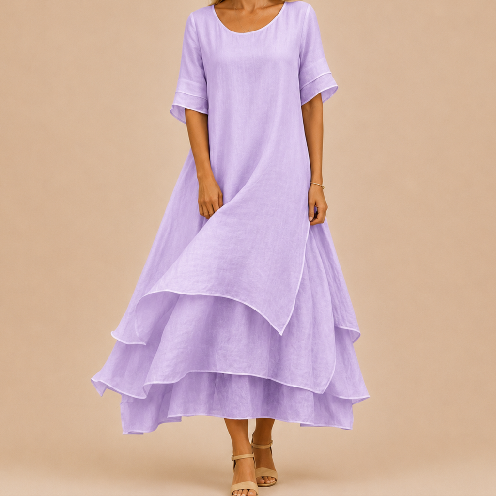 Noor Floral-Print Round-Neck Linen Midi Dress in Purple, front view with breathable layered fabric and graceful silhouette. Designed by Bella Hudson.