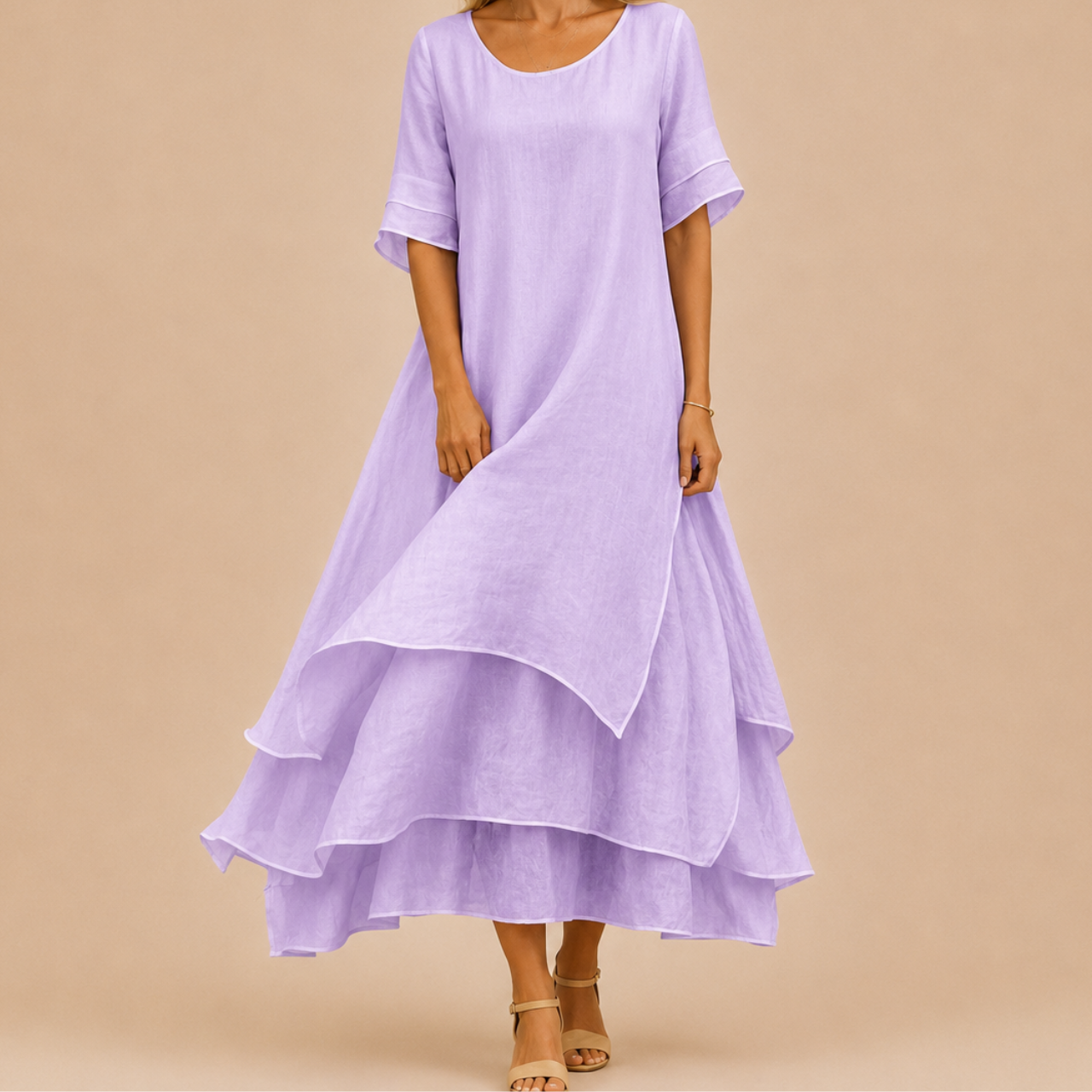 Noor Floral-Print Round-Neck Linen Midi Dress in Purple, front view with breathable layered fabric and graceful silhouette. Designed by Bella Hudson.