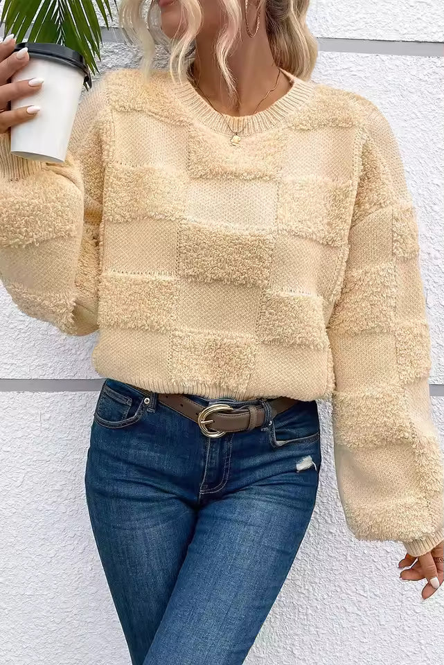 Nora Beige textured checkered knit sweater with crew neckline, relaxed fit, and long sleeves