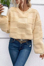 Nora Beige textured checkered knit sweater with crew neckline, relaxed fit, and long sleeves