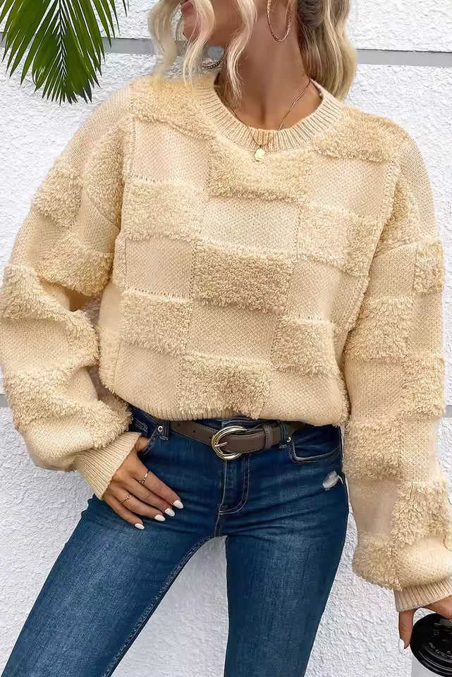 Nora Beige crewneck sweater with fluffy checkered texture and relaxed silhouette, styled with jeans