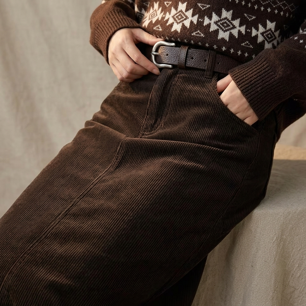 Nora high-waist corduroy maxi skirt close-up showing textured fabric and waistband