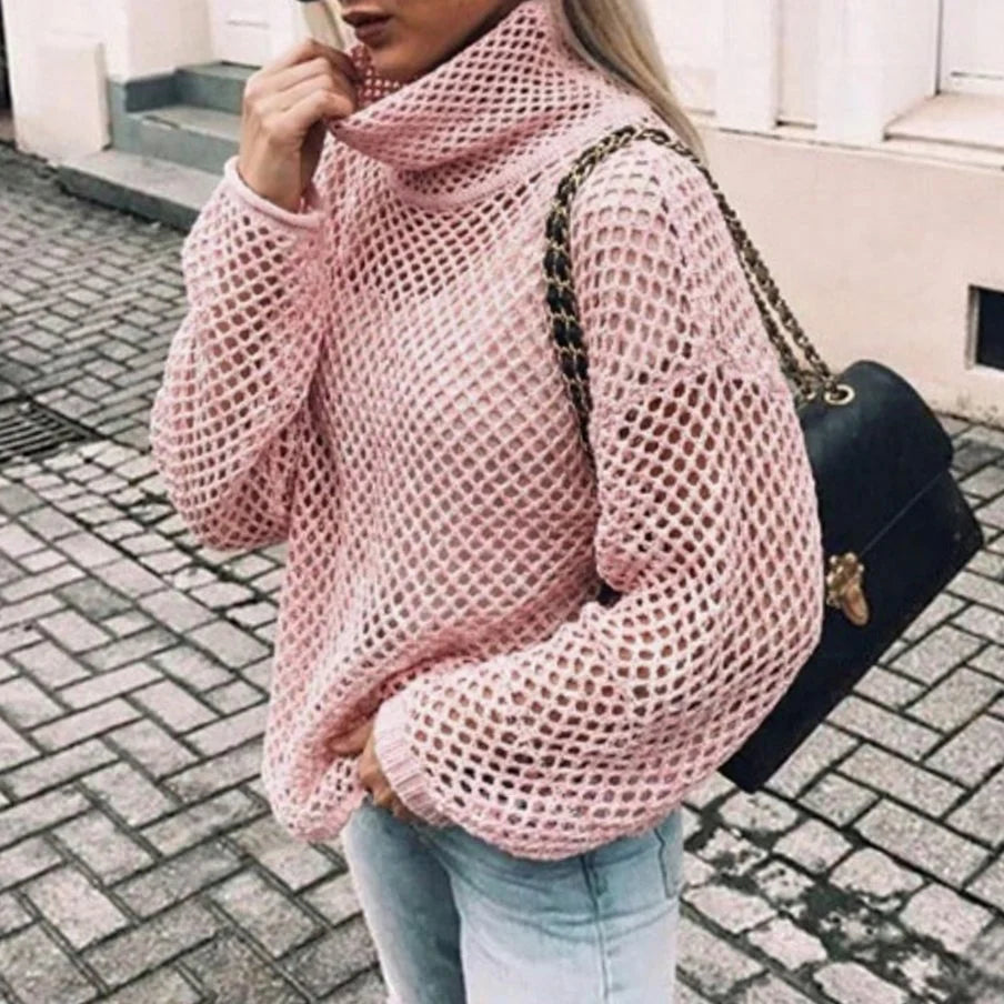 Nora Pink oversized turtleneck sweater with chunky open-knit texture, voluminous balloon sleeves, and ribbed cuffs