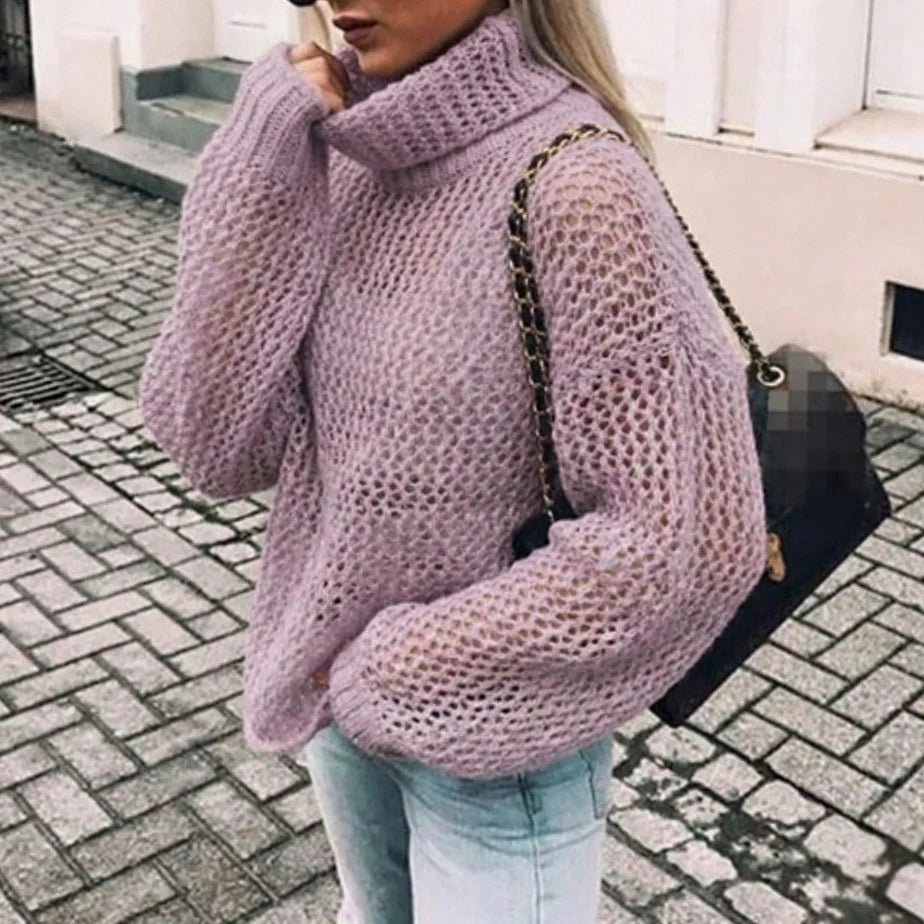 Nora Purple chunky open-knit turtleneck sweater featuring an oversized fit, balloon sleeves, dropped shoulders, and textured knit