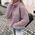 Nora Purple chunky open-knit turtleneck sweater featuring an oversized fit, balloon sleeves, dropped shoulders, and textured knit