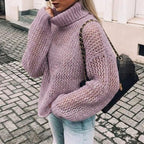 Nora Purple chunky open-knit turtleneck sweater featuring an oversized fit, balloon sleeves, dropped shoulders, and textured knit