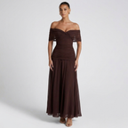 Front view of the Nova Evening Maxi Dress with Off Shoulder and Ruched Waist Style in brown, featuring an off-the-shoulder neckline, ruched waist, and flowing maxi-length silhouette for timeless elegance. Designed by Bella Hudson.