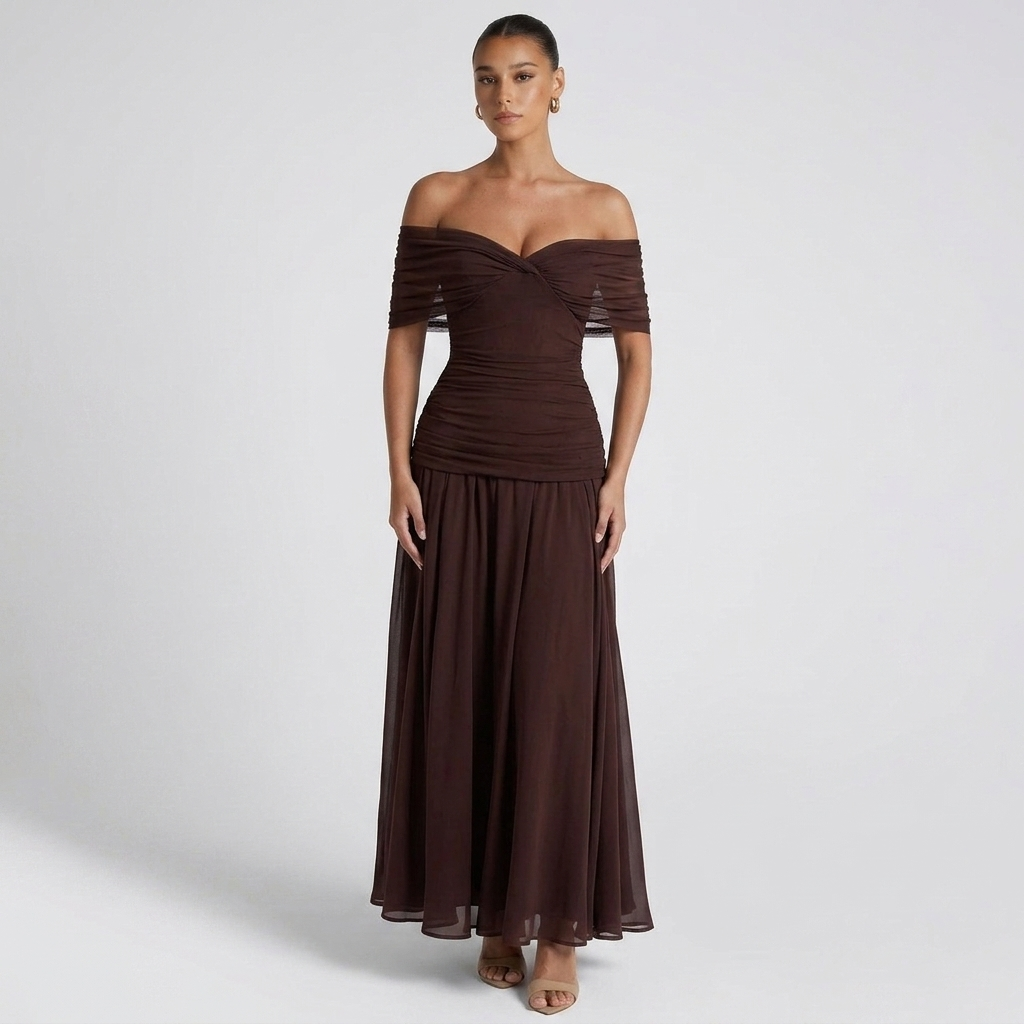 Front view of the Nova Evening Maxi Dress with Off Shoulder and Ruched Waist Style in brown, featuring an off-the-shoulder neckline, ruched waist, and flowing maxi-length silhouette for timeless elegance. Designed by Bella Hudson.