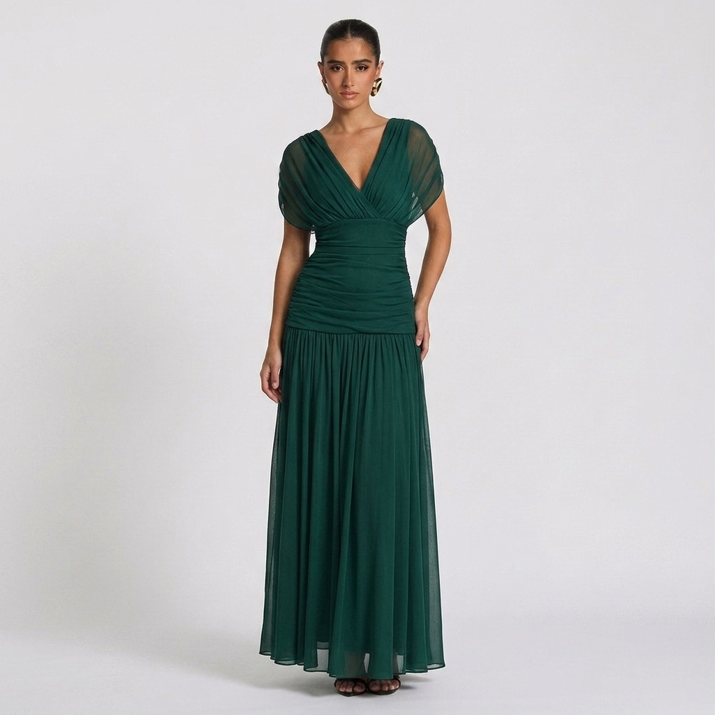 Front view of the Nova Evening Maxi Dress with Off Shoulder and Ruched Waist Style in dark green, featuring a flattering V-neckline, ruched waist, short sleeves, and a flowing maxi silhouette. Designed by Bella Hudson.