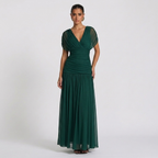 Front view of the Nova Evening Maxi Dress with Off Shoulder and Ruched Waist Style in dark green, featuring a flattering V-neckline, ruched waist, short sleeves, and a flowing maxi silhouette. Designed by Bella Hudson.
