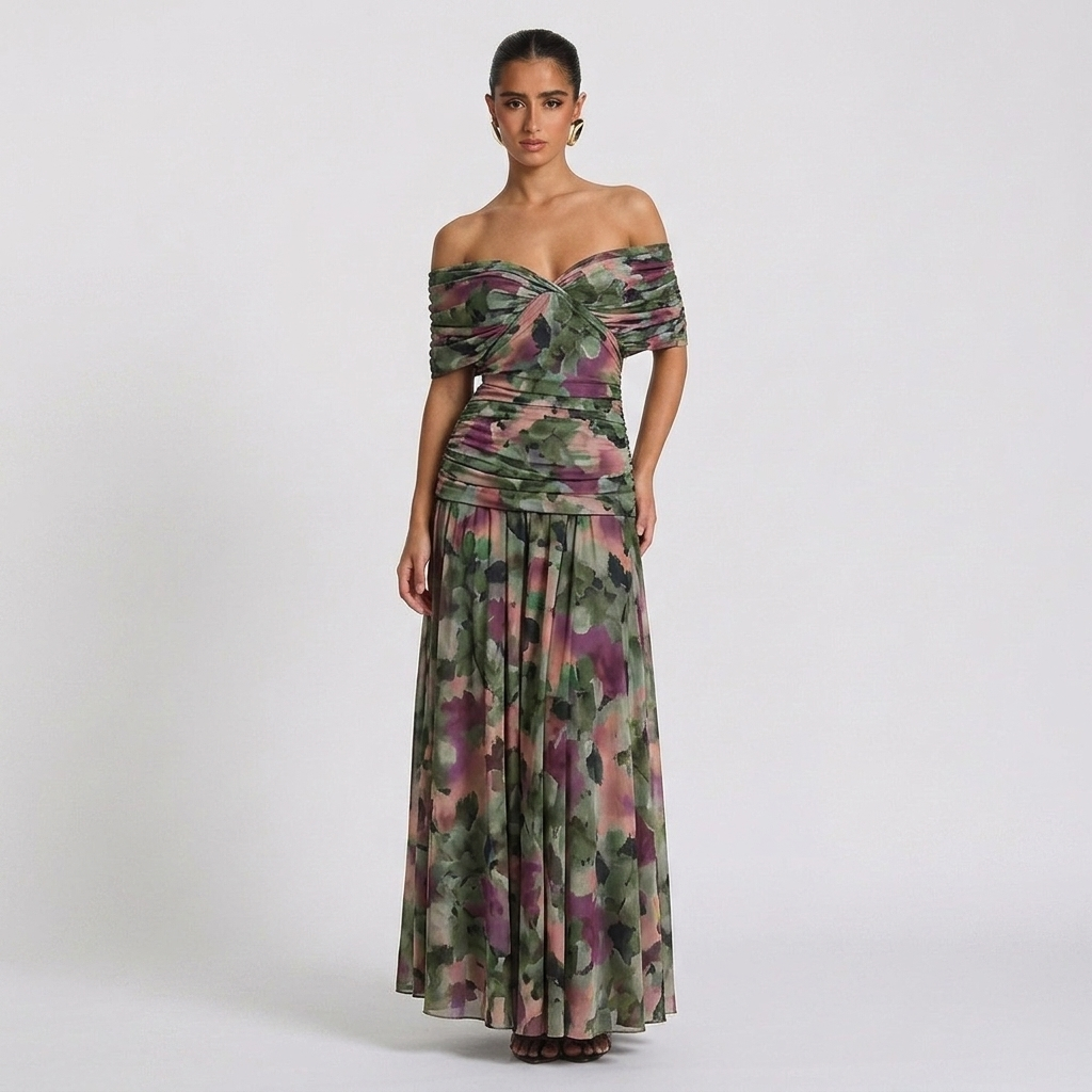 Front view of the Nova Evening Maxi Dress with Off Shoulder and Ruched Waist Style in green floral, featuring an off-the-shoulder neckline, ruched waist, flowing maxi skirt, and vibrant floral print for an elegant occasion look. Designed by Bella Hudson.