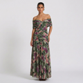 Front view of the Nova Evening Maxi Dress with Off Shoulder and Ruched Waist Style in green floral, featuring an off-the-shoulder neckline, ruched waist, flowing maxi skirt, and vibrant floral print for an elegant occasion look. Designed by Bella Hudson.
