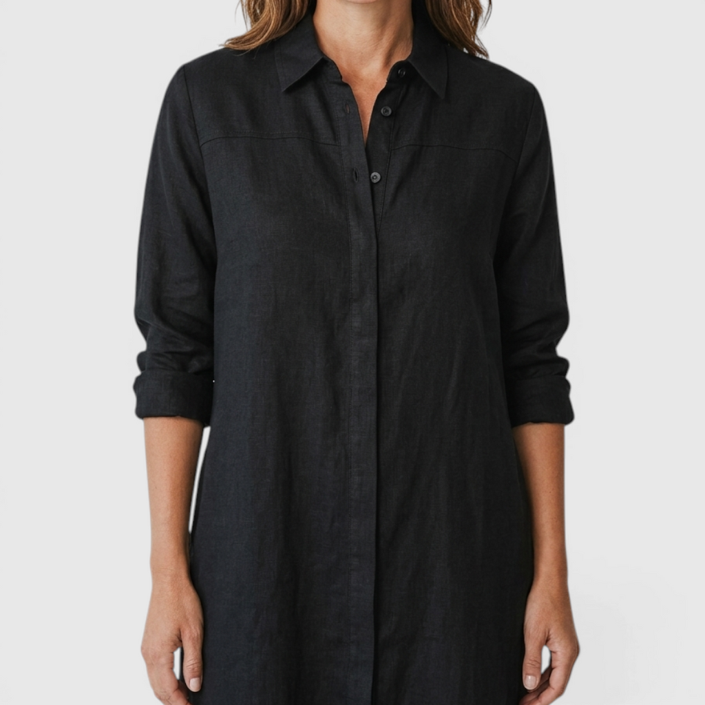 Close-up detail of the Océane Shirt Dress Linen-Cotton Knot-Waist Maxi in black, featuring the collared neckline, button-front placket, and linen-cotton texture. Designed by Bella Hudson.