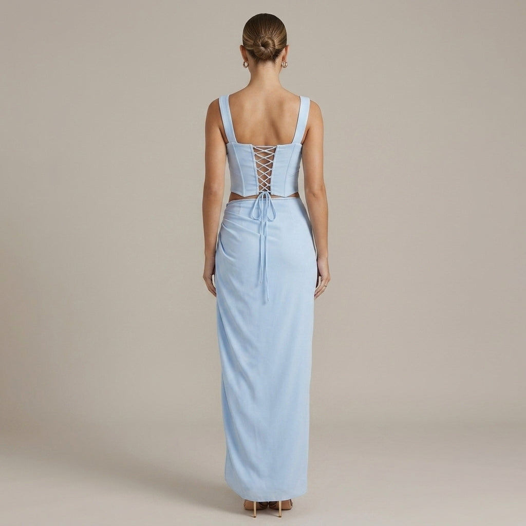 Odalie evening corset high-slit two-piece set, back view