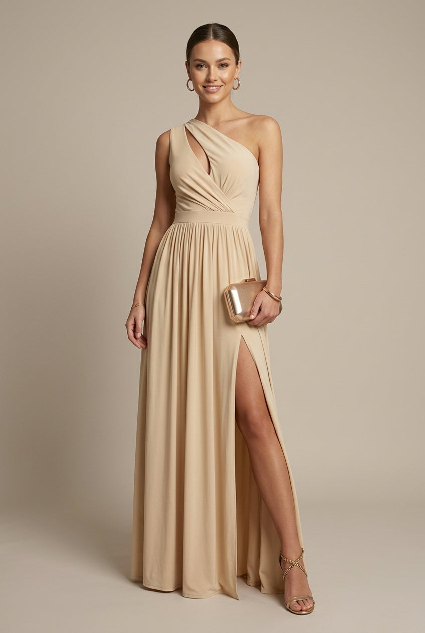 Odessa evening one-shoulder cutout maxi dress, Apricot