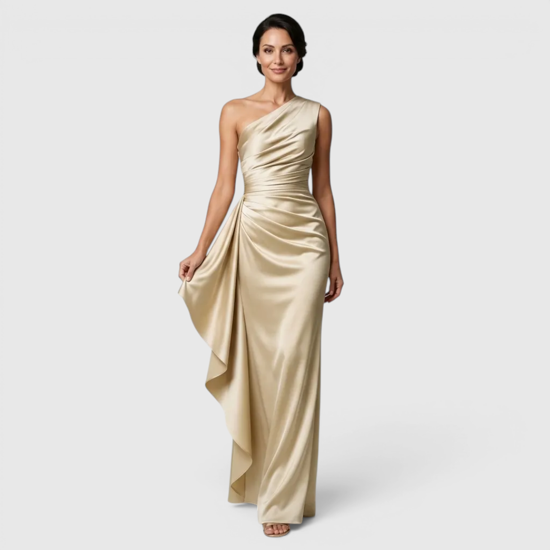 Front view of the Odessa Maxi Evening Dress Satin One-Shoulder Ruffle Style in champagne, featuring a one-shoulder neckline, ruched satin bodice, draped waist detail, and an elegant floor-length silhouette. Designed by Bella Hudson.