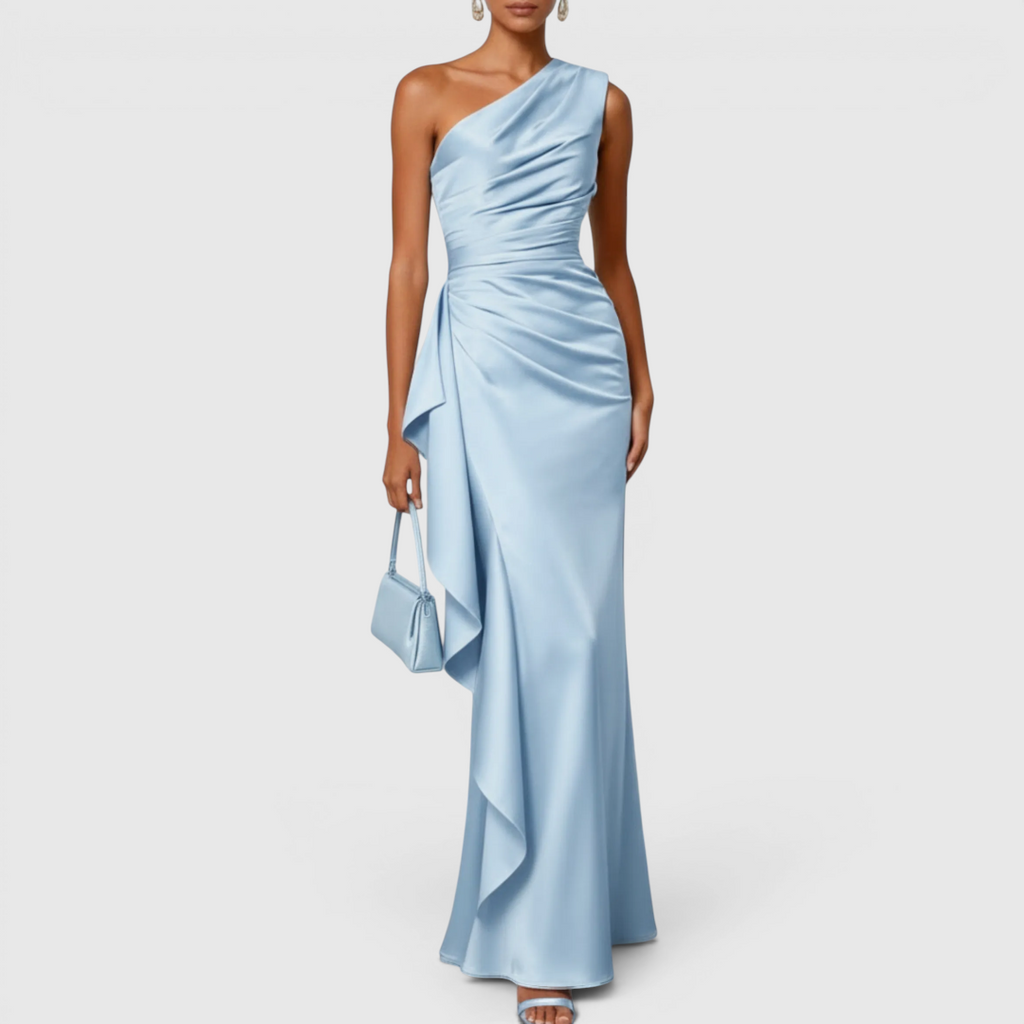 Front view of the Odessa Maxi Evening Dress Satin One-Shoulder Ruffle Style in light blue, featuring a one-shoulder neckline, ruched satin bodice, draped waist, and an elegant floor-length silhouette. Designed by Bella Hudson.