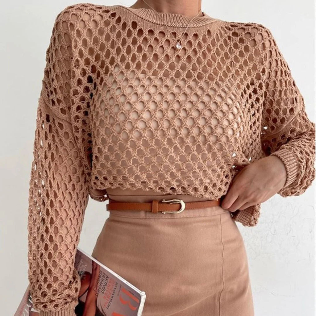 Odette crochet crew-neck crop top, Camel