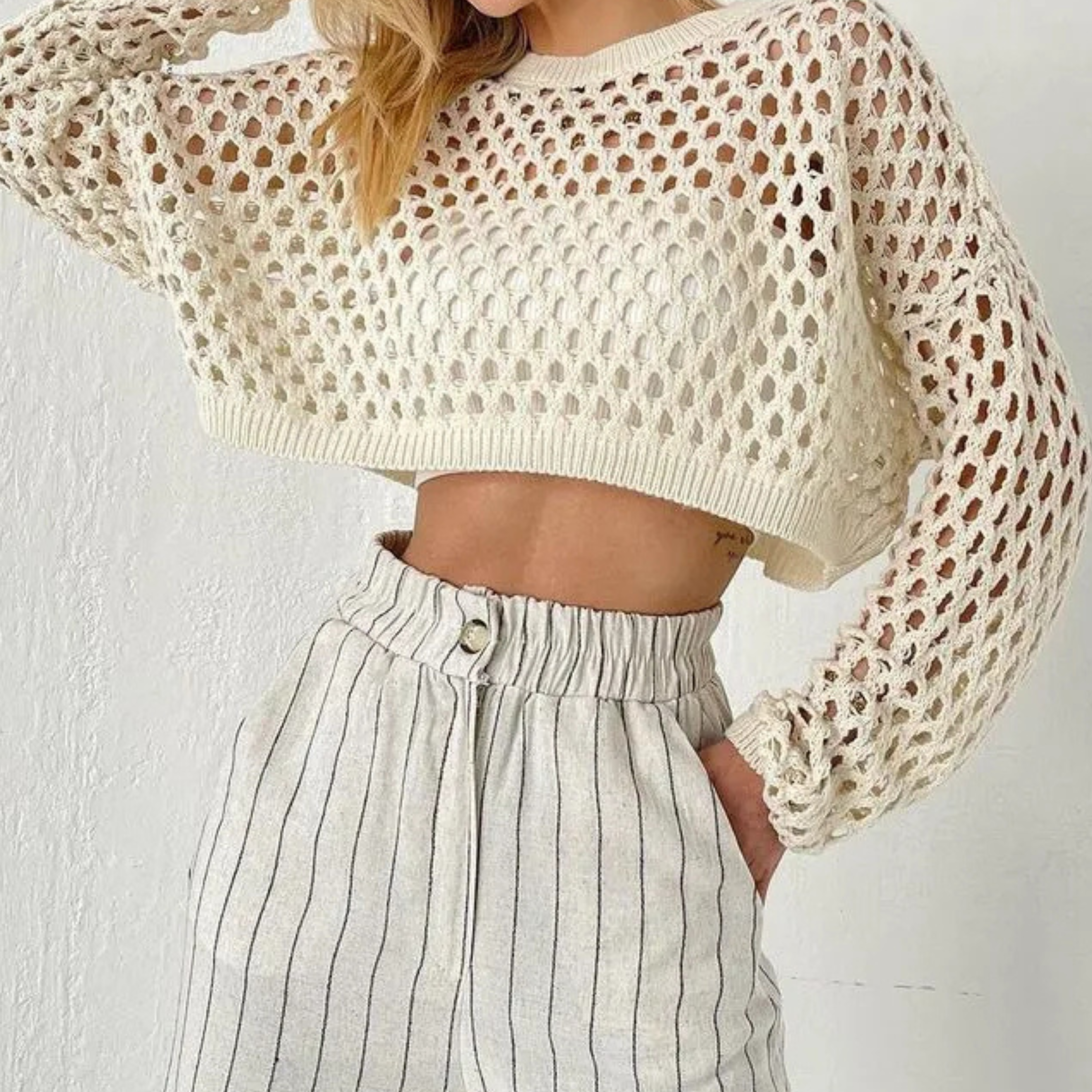 Odette crochet crew-neck crop top, Cream