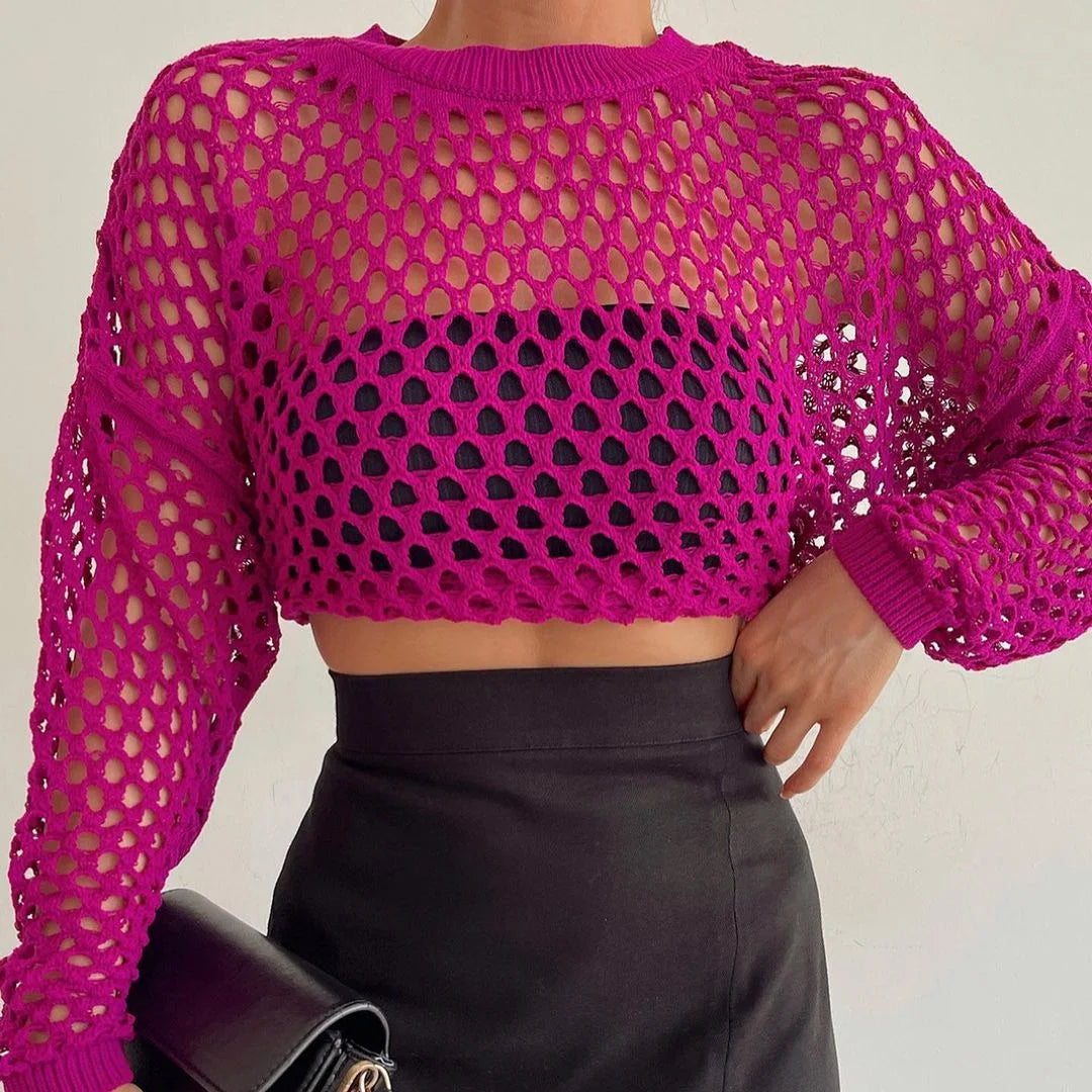 Odette crochet crew-neck crop top, Fuchsia