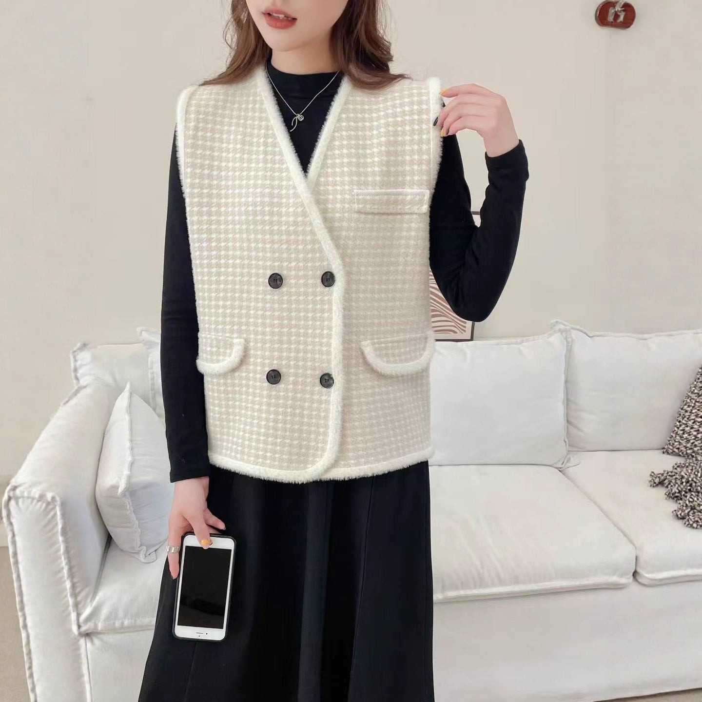 Odette Double-Breasted Structured Vest, Cream/White