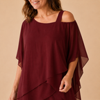 Close-up of the Bella Hudson Odette Two-Piece Set in Burgundy highlighting the layered cold-shoulder neckline and flowing fabric.
