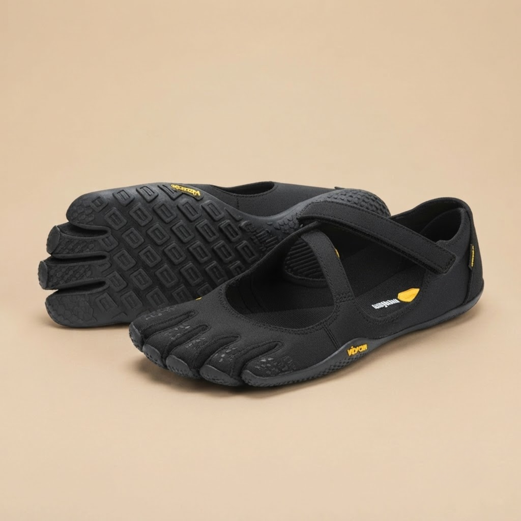 Odette Woman's Barefoot Flats Five-Toe Lightweight in Black shown in front view, featuring an ergonomic five-toe design, breathable upper, flexible barefoot sole, wide toe box, and lightweight comfort, designed by Bella Hudson.