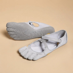 Odette Woman's Barefoot Flats Five-Toe Lightweight in Grey shown in front view, featuring an ergonomic five-toe design, breathable upper, flexible barefoot sole, lightweight construction, and wide toe box, designed by Bella Hudson.