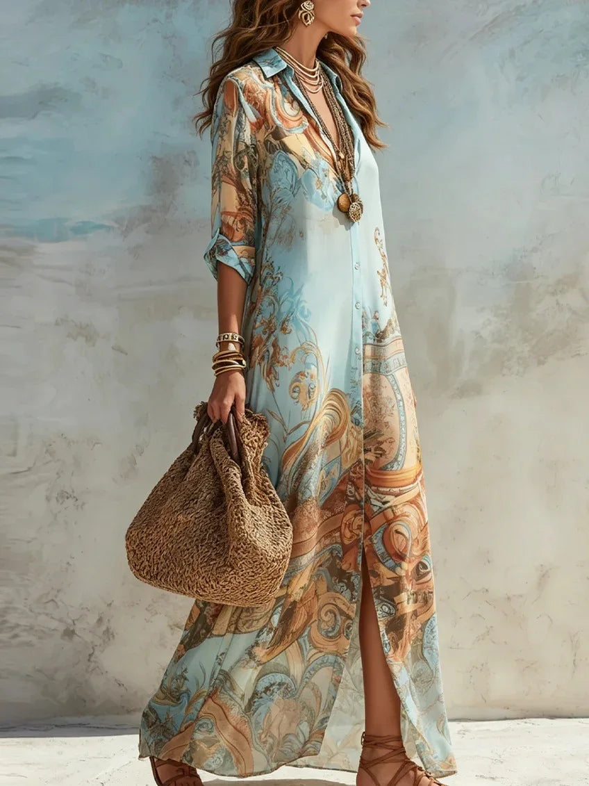 Odile boho collar button-front maxi dress, view 3