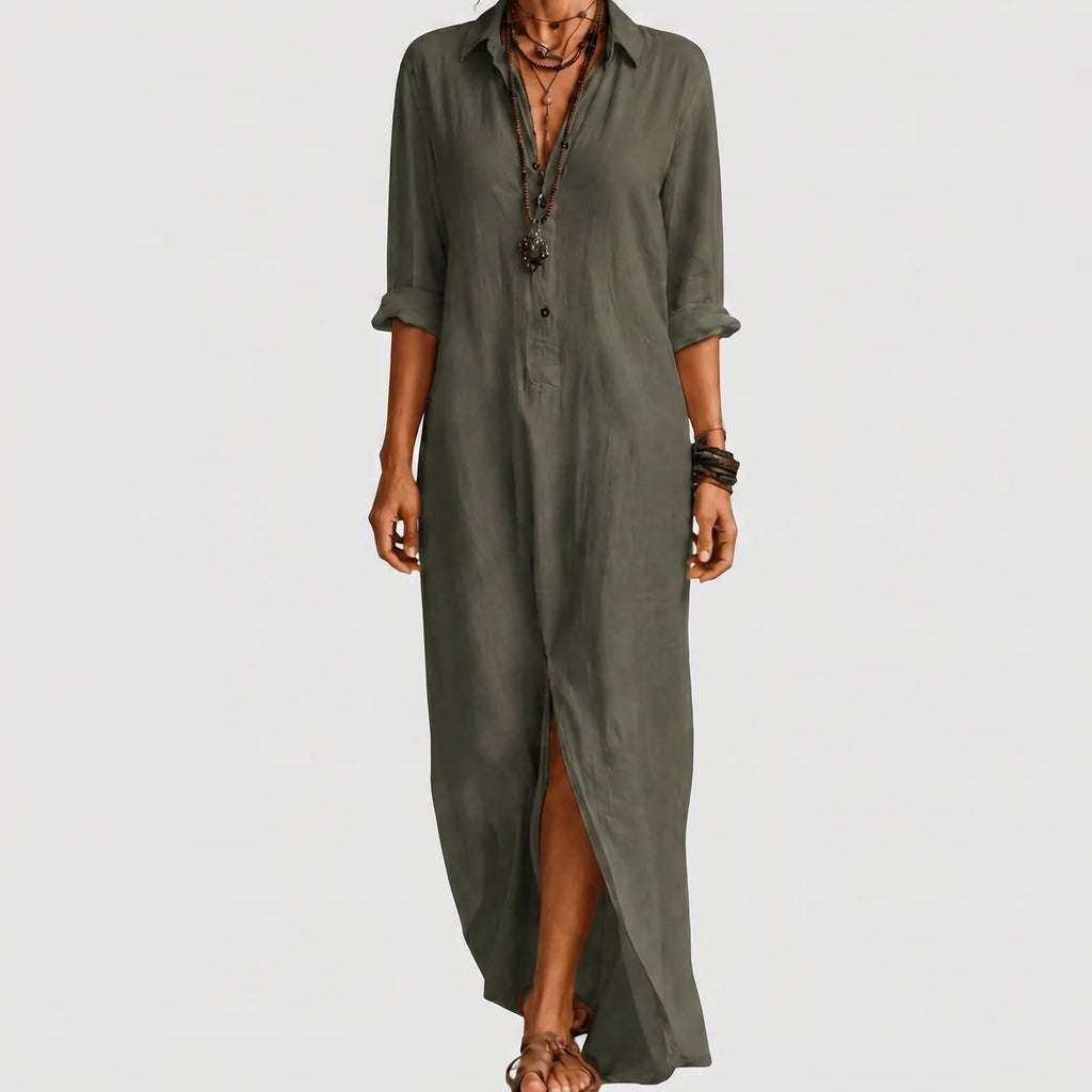 Olive green boho maxi shirt dress front view with rolled sleeves BELLA HUDSON