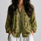Close-up front view of olive green floral boho lightweight blouse with button front and long sleeves BELLA HUDSON.