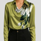 Olive green satin cowl neck blouse with floral print front view BELLA HUDSON