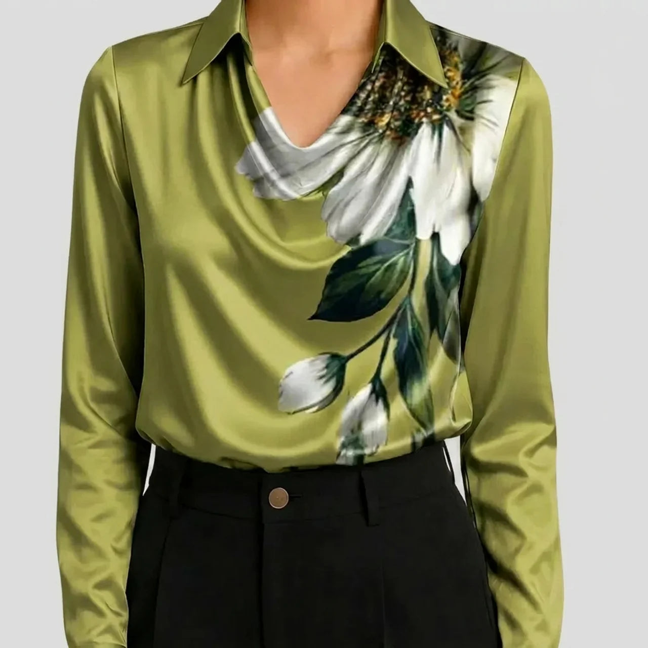 Olive green satin cowl neck blouse with floral print front view BELLA HUDSON